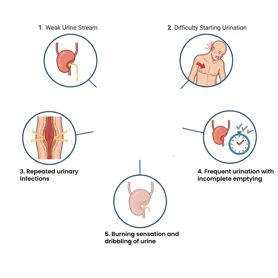 Symptoms and early warning signs of urethral stricture - weak stream, difficulty starting, infections, incomplete emptying, burning and dribbling
